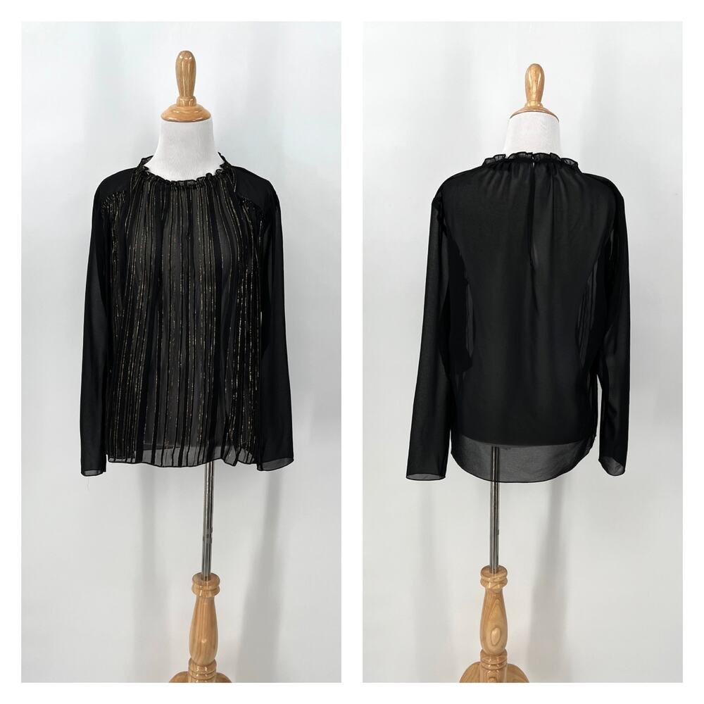 SANDRO Lurex Stripe Long Sleeve Top Womens Small Black Gold Silk Sheer Blouse
